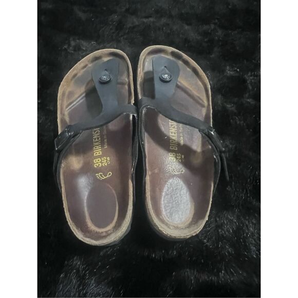 Birkenstock Size 7.5 38 Gizeh Birko Flor Sandals Black Leather Buckle - Picture 4 of 5